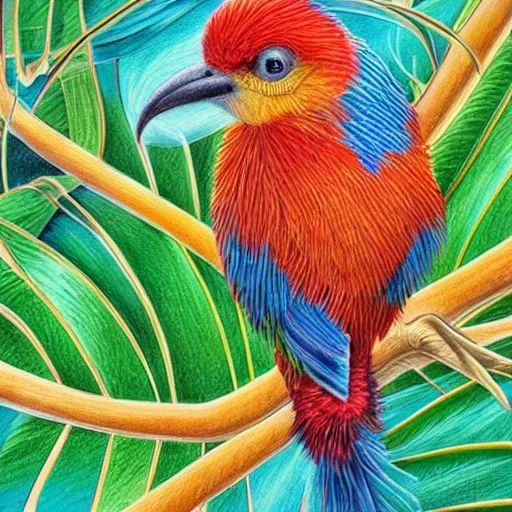 Image similar to Colored pencil art on paper, Tropical Bird, highly detailed, artstation, MasterPiece, Award-Winning, Caran d'Ache Luminance