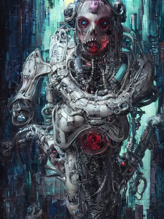 Image similar to portrait art of 8k ultra realistic undead eldritch horror ghost in the shell , detailed intricate ornate armour,decaying, cybernetic, full of colour, cinematic lighting, battered, trending on artstation, 4k, hyperrealistic, focused, extreme details,unreal engine 5, cinematic, masterpiece, art by ayami kojima, giger