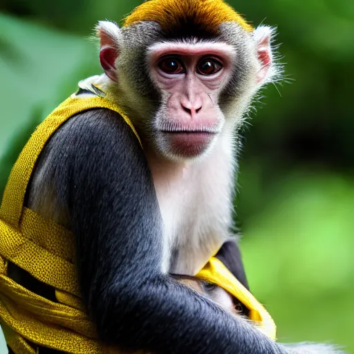 Image similar to a monkey wearing a yellow kimono, 8 k