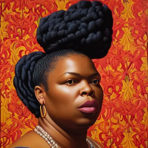 Image similar to A portrait of a thick powerful and pretty non-binary person, oil painting by Kehinde Wiley, majestic, detailed, high resolution