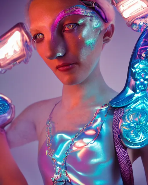 Image similar to natural light, soft focus portrait of a cyberpunk anthropomorphic turtle with soft synthetic pink skin, blue bioluminescent plastics, smooth shiny metal, elaborate ornate head piece, piercings, skin textures, by annie leibovitz, paul lehr