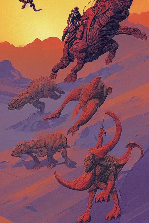 Image similar to beautiful amazons riding dinosaurs on mars against a backdrop of canyons, mercury rainbows in the sky and space fighters shooting, artwork by jean giraud