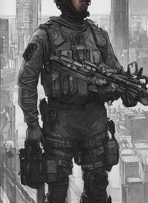 Prompt: Hector. USN special forces operator looking at city skyline. Agent wearing Futuristic stealth suit. rb6s and MGS Concept art by James Gurney, Alphonso Mucha.