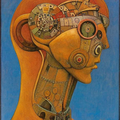 Prompt: the robot queen wearing her bird mask, by annie swynnerton and diego rivera and elihu vedder and jean delville, symbolist, dramatic lighting, elaborate geometric ornament, head and shoulders view, art brut, soft cool colors, smooth, sharp focus, extremely detailed, adolf wolfli, leo and diane dillon, nicholas roerich