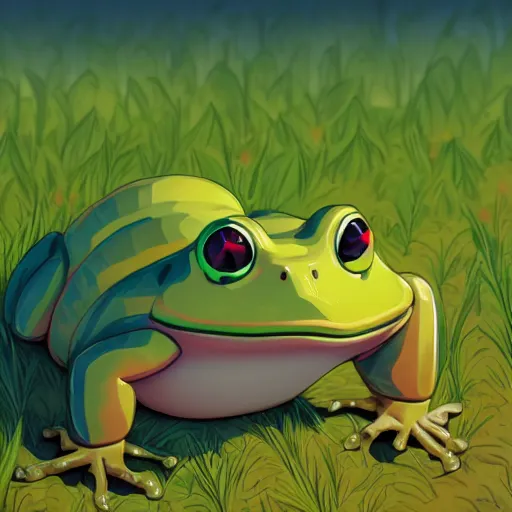 Image similar to portrait of a Dumpy Frog, farm field background, rich vivid colors, ambient lighting, dynamic lighting, 4k, HQ, official media, anime key visual, makoto shinkai, ilya kuvshinov, lois van baarle, rossdraws, detailed, trending on artstation