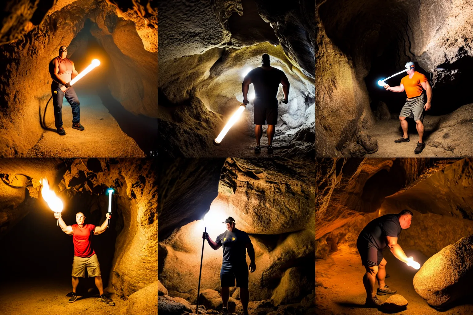 Prompt: A big strong man exploring a cave with a torch, professional photography.