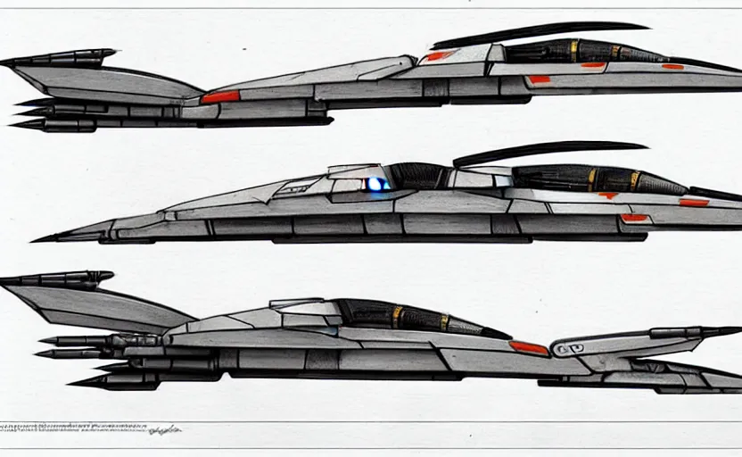 Image similar to pencil concepts or sketchs, with multiple proposals, for spaceship model of a jetfighter, scifi, gradius, ikaruga