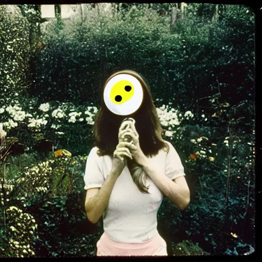 Image similar to smiling woman with an inflatable spherical prosthetic nose, cardboard googly eyes, 1 9 7 6, color, tarkovsky, medium - shot 1 6 mm film, in a garden