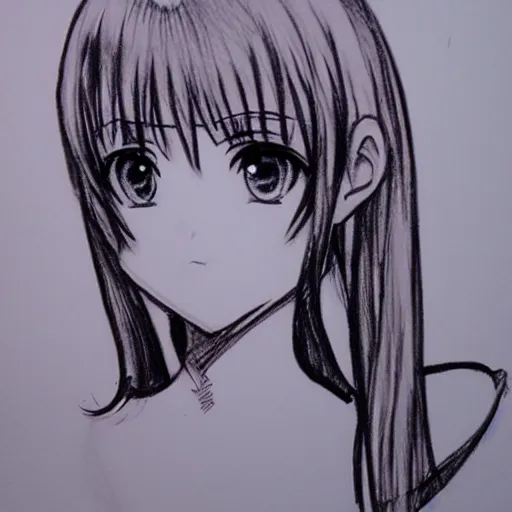 Image similar to anime girl headshot profile picture, black and white sketch, drawn in ballpoint pen