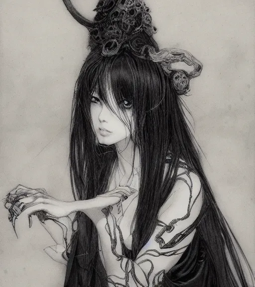 Prompt: portrait of anime succubus with long hair wearing a dark robe, pen and ink, intricate line drawings, by craig mullins, ruan jia, kentaro miura, greg rutkowski, loundraw