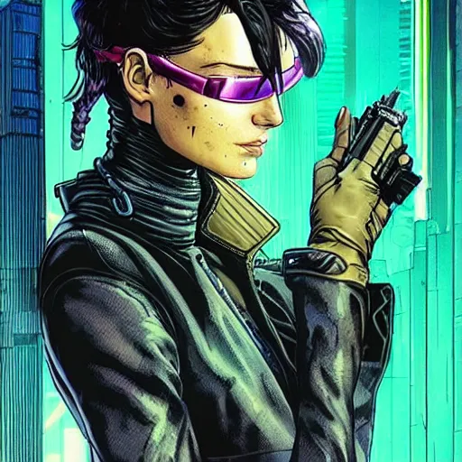 Image similar to selina. cyberpunk mercenary smoking a cigar. Style of James Gurney and Mœbius. (Cyberpunk 2077. Blade Runner. Apex Legends. The matrix)