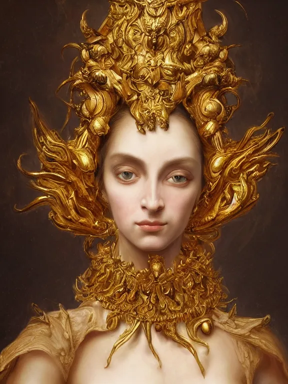 Prompt: a beautiful portrait render of baroque female demon with golden skin and identical eyes, ultra realistic, hdr, dramatic lighting, sculpture, painting, who wearing dramatic headdress, by  Louise Élisabeth Vigée Le Brun  and aaron horkey and Jean-Baptiste Greuzeand and peter gric and Franz Xaver Winterhalter,Artstation,pinterest,jewelry,porcelain,gold, woman demon,pearlescent,maximalist