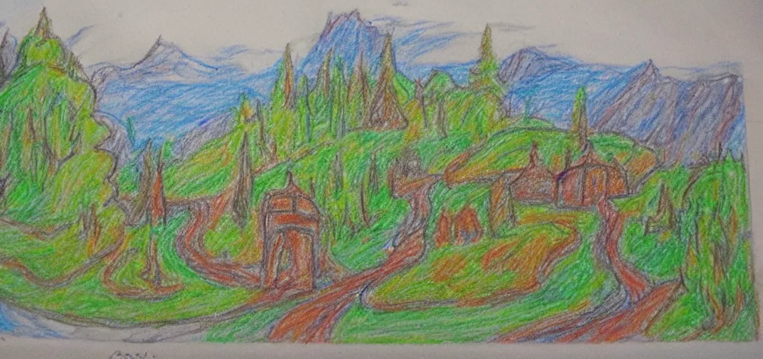 Image similar to Rivendell landscape drawn in crayon by a five-year old