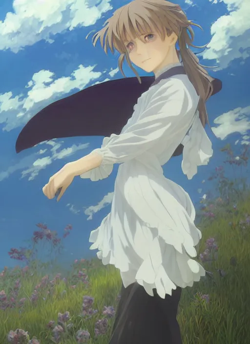 Prompt: Painting of a cottagecore witch in the style of Violet Evergarden, beautiful anime art style, winged eyelashes, countryside, calm, fantasy character portrait, dark outlines, dynamic pose, above view, sunny day, artwork by Makoto Shinkai, very coherent asymmetrical artwork, sharp edges, perfect face, simple form, 100mm
