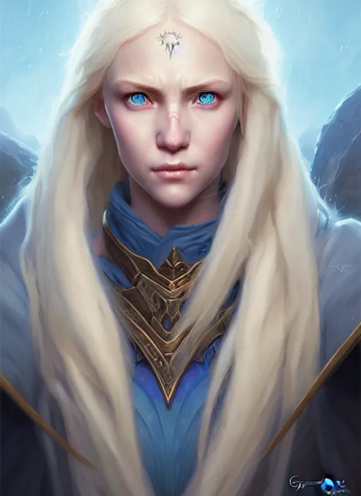 Image similar to a fantasy style portrait painting of shy white female paladin with blonde hair and blue eyes shy scarred left eye, holy oil painting unreal 5 daz. rpg portrait extremely detailed artgerm greg rutkowski _ greg