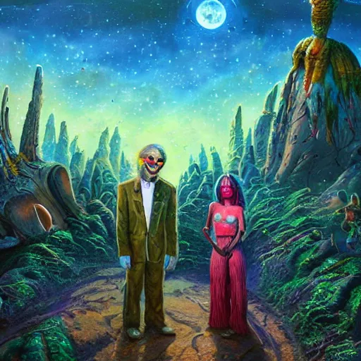 Prompt: extraterrestrial lovers on ancient post - apocalyptic planet, jim henson creature shop, vivid and colorful, thomas kincaid, cinematic, oil painting, highly detailed, illustration