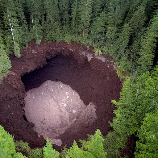 Image similar to a large sinkhole in the middle of a forest, aerial view, creepy