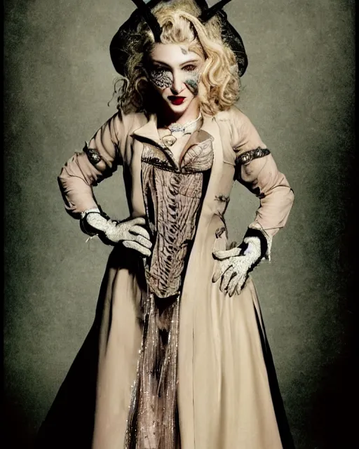 Prompt: Pop star Madonna as a Hippo wearing a Victorian era dress designed by Sandy Powell, Rick Baker makeup and prosthetics, studio lighting, photographed in the style of Annie Leibovitz