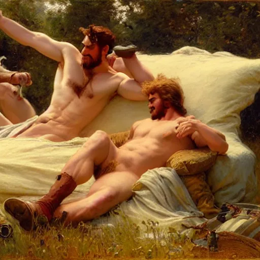 Image similar to ares tickles achilles the champion with a feather on a bed of pillows in a meadow, wine flows, painting by gaston bussiere, craig mullins, j. c. leyendecker, tom of finland