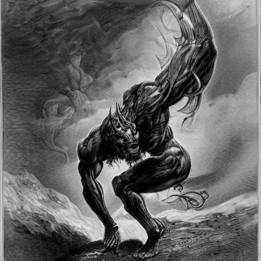 Image similar to full body grayscale drawing by Gustave Dore of muscled horned humanoid beast in heroic pose, swirling flames in background