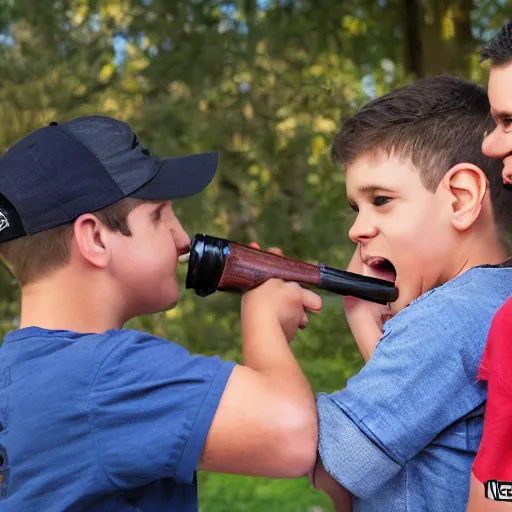 Prompt: nelk boys shotgunning a happy dad in real life, 8 k, 4 k uhd, realistic, hyper realistic, super detailed, very detailed, detailed