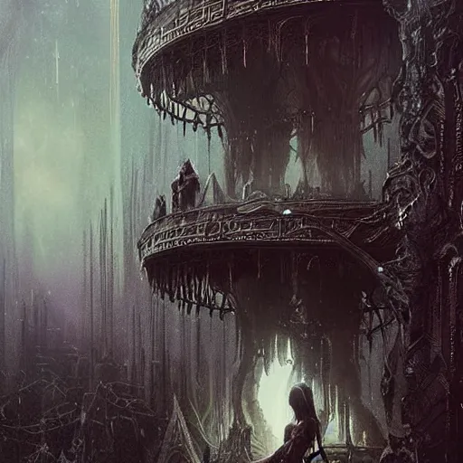 Image similar to of a beautiful black haired woman with pale skin and a crown on her head sitted on an intricate metal throne in eerie atmospheric alien worlds, epic cinematic matte painting, art by greg rutkowski