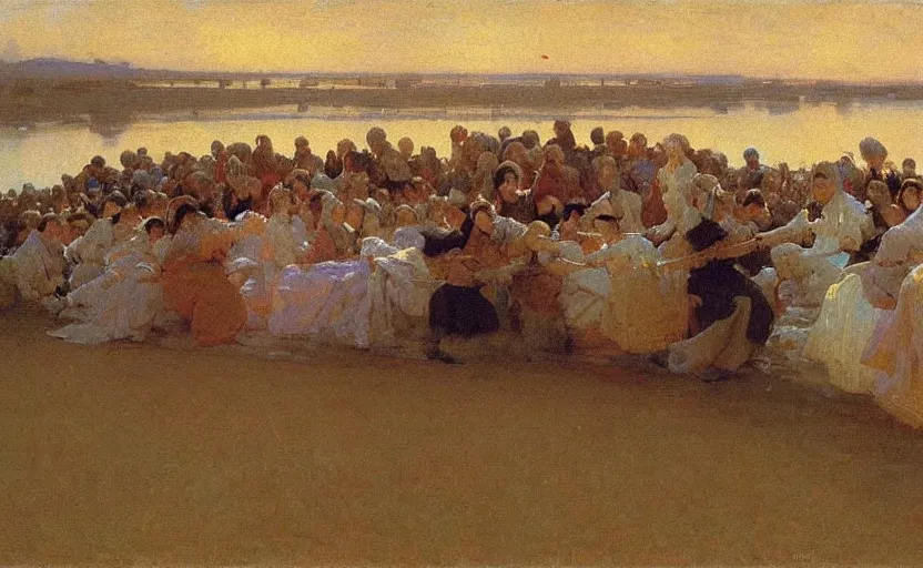 Image similar to high quality high detail painting by ilya repin, a long row of people extending through infinity, hd