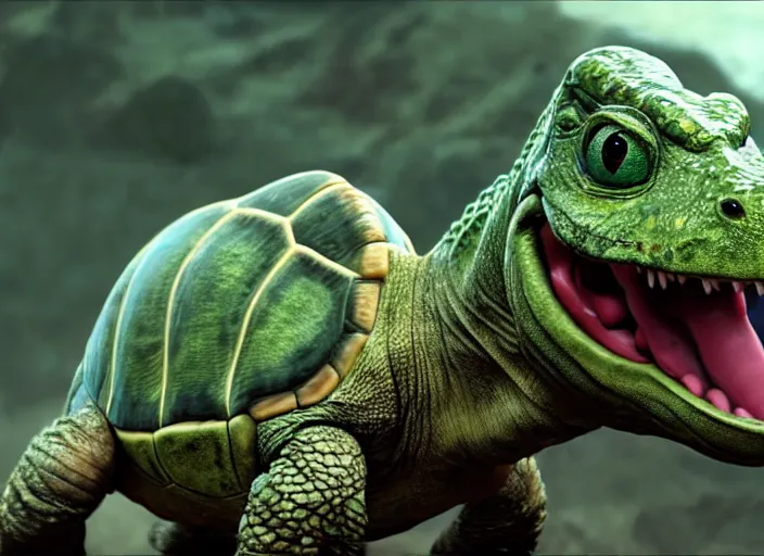 Image similar to film still of yoshi in the new sci - fi movie, cute upright dinosaur with a small turtle shell and long tongue, 8 k