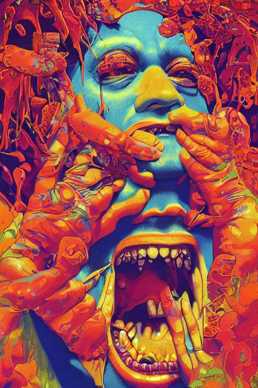 Prompt: a colorful vibrant closeup portrait of Guns N Roses licking a tab of LSD acid on his tongue and dreaming psychedelic hallucinations, by kawase hasui, moebius, Edward Hopper and James Gilleard, Zdzislaw Beksinski, Steven Outram colorful flat surreal design, hd, 8k, artstation