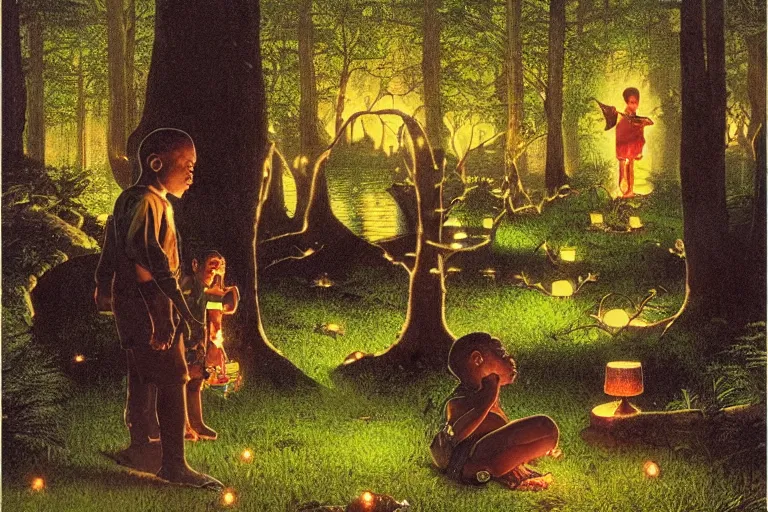 Prompt: a scenic view of a black boy talking to his ancestors in the middle of a magical forest with glow-worm lights near a lake, detailed, cinematic, dramatic scene, retro illustration by Norman Rockwell.