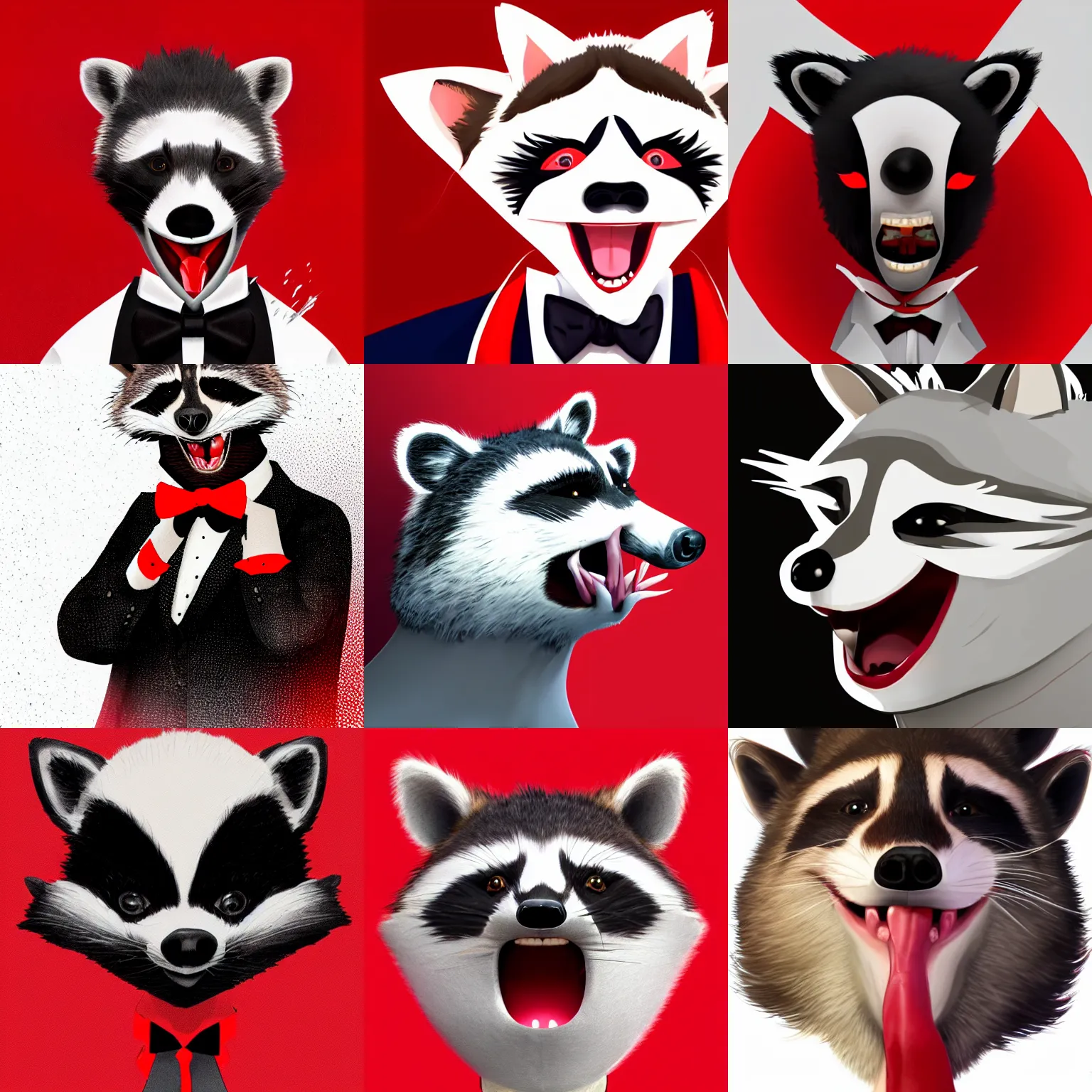 Prompt: A person with a raccoon head, tongue sticking out, neck visible, mouth closed, wearing a white tuxedo, looking left rotated about 45 degrees, artstation, red background