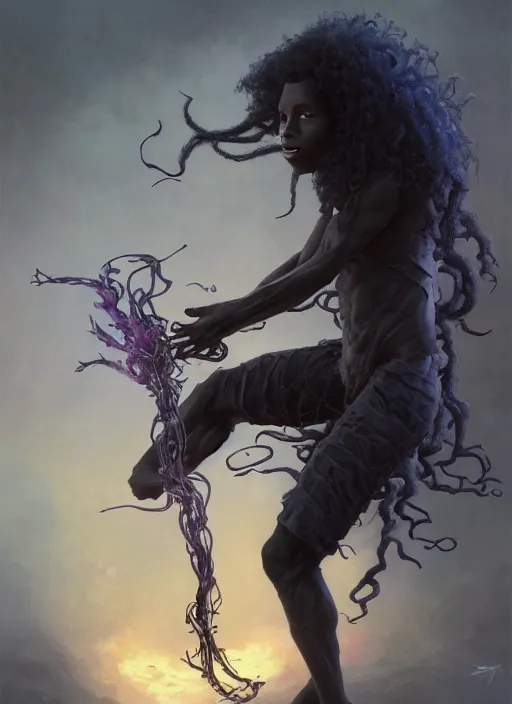 Image similar to fantasy changeling black kid with long curly hair playing electric guitar, between worlds, dim light, half n half ront game card, marvel comics, dark, intricate, highly detailed, smooth, artstation, digital illustration by ruan jia and mandy jurgens and artgerm and wayne barlowe and greg rutkowski and zdislav beksinski