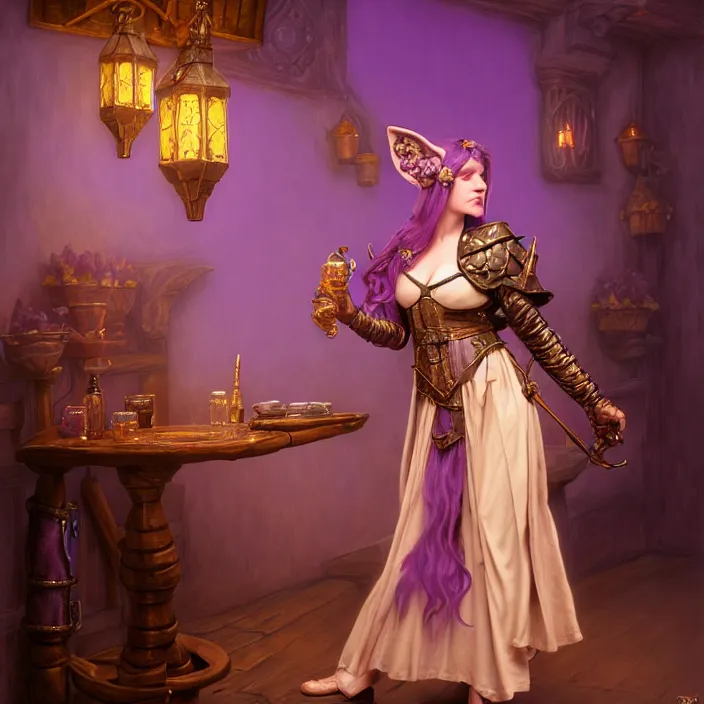 Image similar to d & d bard with her lilac leather armor in an inn, volumetric lighting, fantasy, intricate, elegant, highly detailed, lifelike, photorealistic, digital painting, artstation, fox ears illustration, concept art, sharp focus, by john collier and albert aublet and krenz cushart and artem demura and alphonse mucha