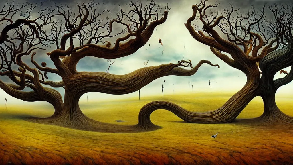 Image similar to surreal landscape, surrealism, whirling swirling trees, esao andrews, victor enrich, dali