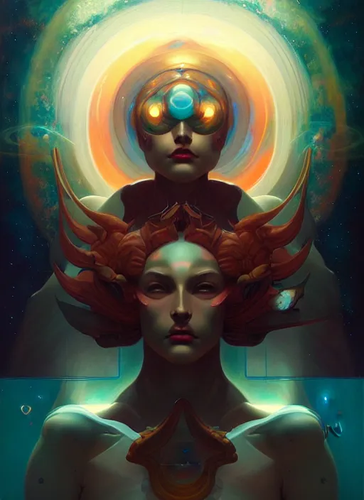 Image similar to symmetry!! gemini!! highly detailed, high contrast, light reflection, trippy, nebula, trending on art station by artgem, by peter mohrbacher, by wlop, by ruan jia