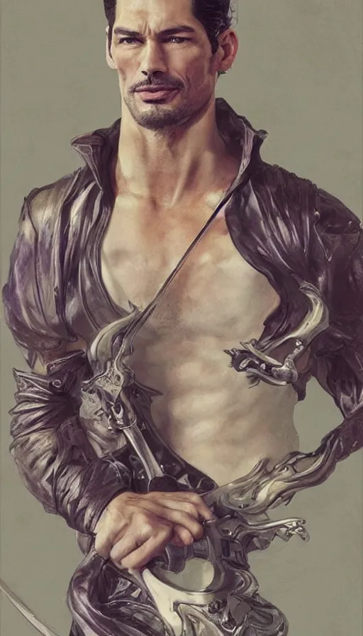 Prompt: david gandy, charming, in a town hall, rich viscount, fit, cunning, gold and purple, warhammer, lord of the rings, sweaty, intricate, highly detailed, digital painting, artstation, concept art, smooth, sharp focus, illustration, unreal engine 5, 8 k, art by artgerm and greg rutkowski and alphonse mucha