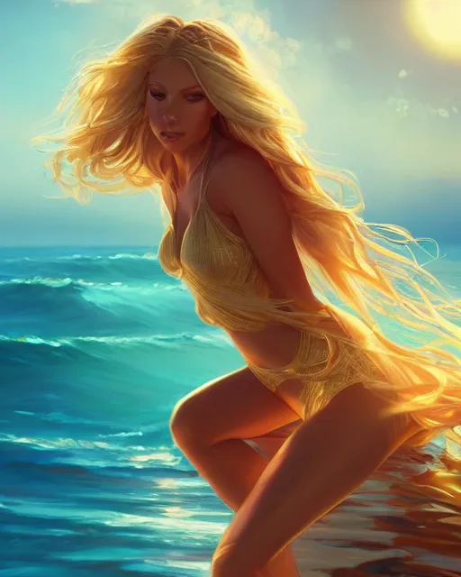 Image similar to summer vibes, beautiful sun tanned goddess, flowy golden hair, sun, summer, cinematic lighting, highly detailed, digital painting, trending on artstation, pixiv, concept art, sharp focus, illustration, art by ross tran and wlop