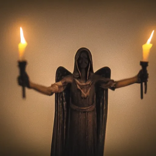 Image similar to angel of death offering a hand in the dark with sympathetic smile high quality, realistic, tilt shift