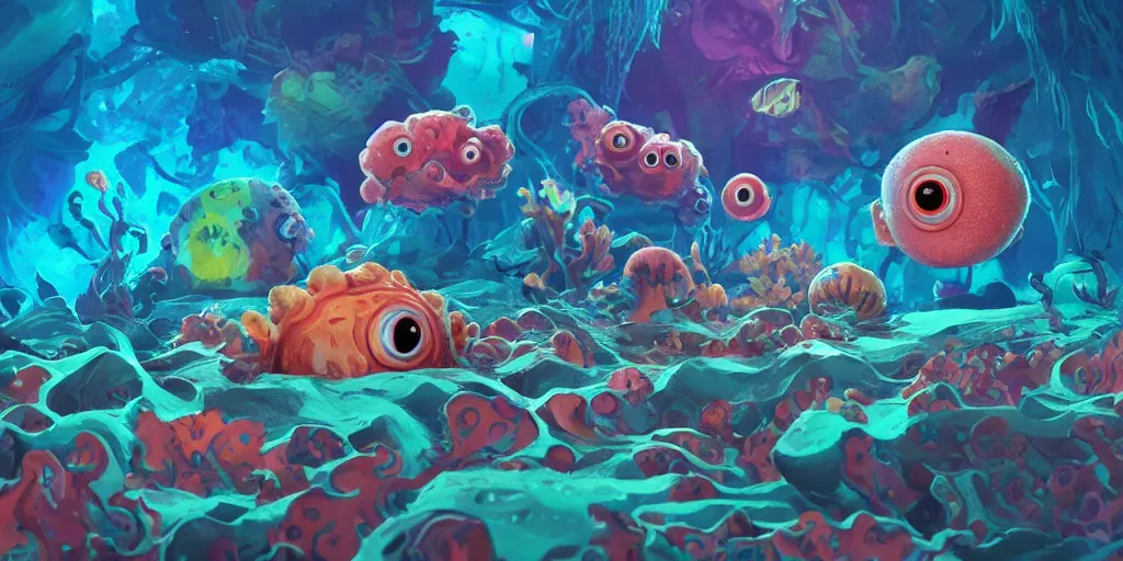 Image similar to of a colorful deep sea under water with strange cute friendly happy creatures with huge eyes, mouth, long tongue and round teeth appearing from sandy coral, in the style of gehry and gaudi, macro lens, shallow depth of field, ultra detailed, digital painting, trending artstation, concept art, illustration, cinematic lighting, photorealism, epic, octane render