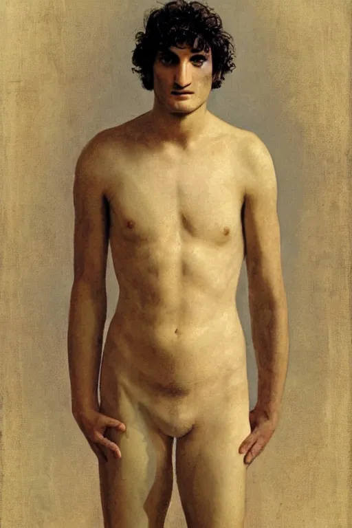 Image similar to upper body portrait of actor louis garrel as Adam in paradise, colour painting by normal rockwell, guidi prime background by carl spitzweg