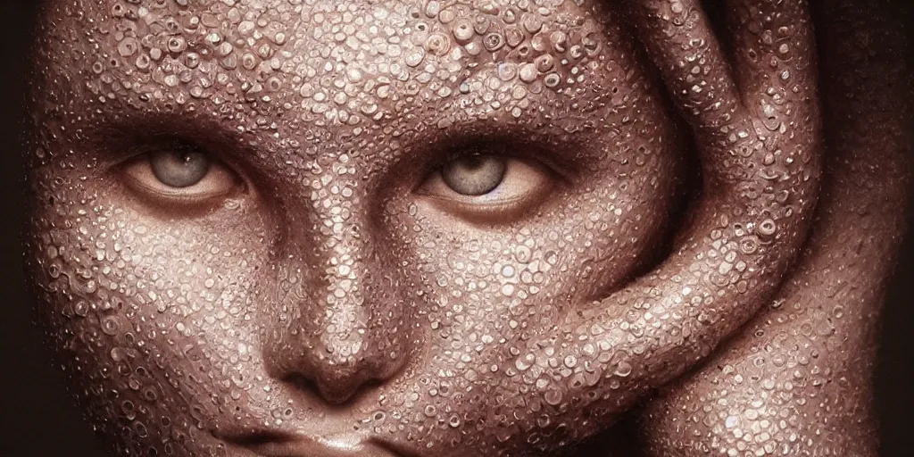 Image similar to hyperrealistic photography of a highly intricate, stunning, beautiful, perfect cyborg female, elbow, knee, intimate, hand holdings, in the style of beth cavener, jin kagetsu, chuck close, and wlop, highly detailed, face, eyes closed, symmetry, masterpiece, award - winning, sharp focus, concept art, ambient lighting, 8 k, artstation