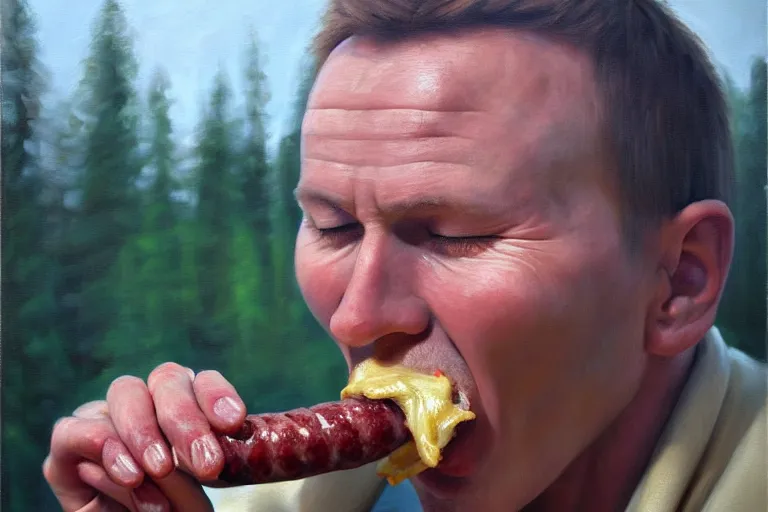 Image similar to ( ( a beautiful 8 k photorealistic masterpiece oil painting ) ( of ( a finnish man eating a sausage in seinajoki ) ) ) ( hyperrealism ) ( 1 6 k ) ( trending on artstation )