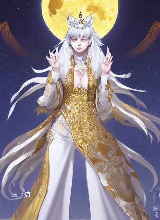 Image similar to commissioned full body portrait of a female anthro werewolf princess fursona with white hair wearing a white and gold Chinese armored dress in a white and gold palace on a starry night with a large crescent moon, by a professional manga illustrator, Stanley Artgerm Lau, WLOP, Rossdraws, James Jean, Andrei Riabovitchev, Marc Simonetti, and Sakimichan, trending on artstation