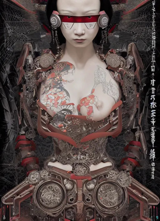 Image similar to portrait of a seductive cyberpunk geisha yakuza, imari, modern fine art, fractal, in the style of ex - machina, intricate ornaments, elegant, highly detailed, digital photography, subsurface scattering, by mc escher and greg rutkowski,