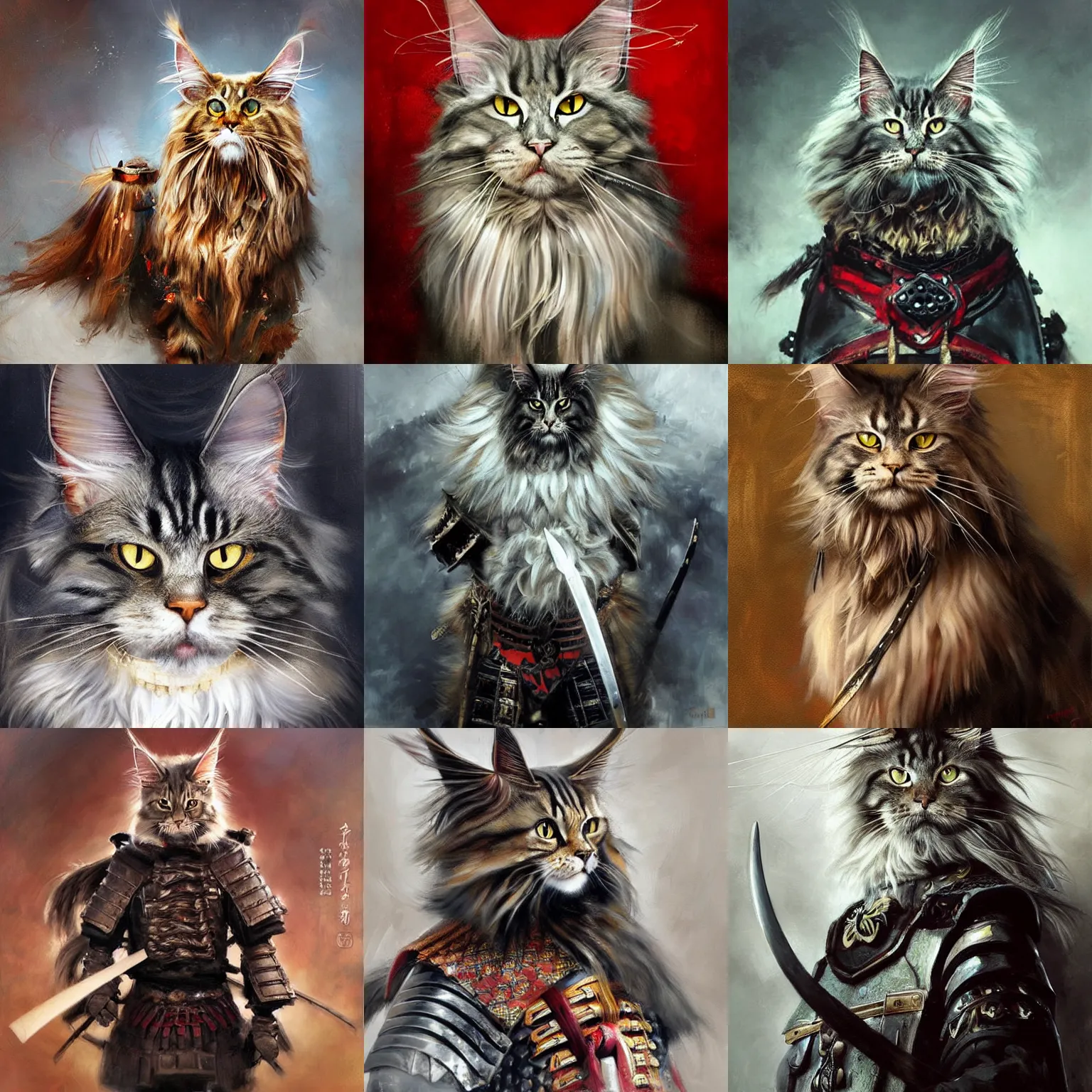 Prompt: Serious looking MaineCoon cat, dressed in Samurai armour, clothed in old samurai uniform, painting by Raymond Swanland
