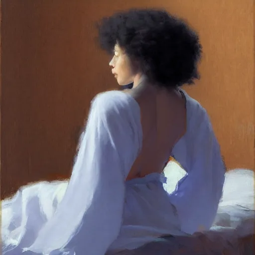 Image similar to girl with afro and angel wings, in kimono, backview, sitting on edge of bed, by jeremy lipking, tim rees, joseph todorovitch