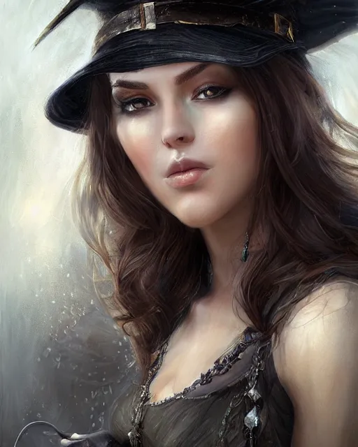 Prompt: a beautiful female modern witch, 8 k, hyperrealistic, dark hair very long, no hat, hyperdetailed, fantasy portrait by laura sava