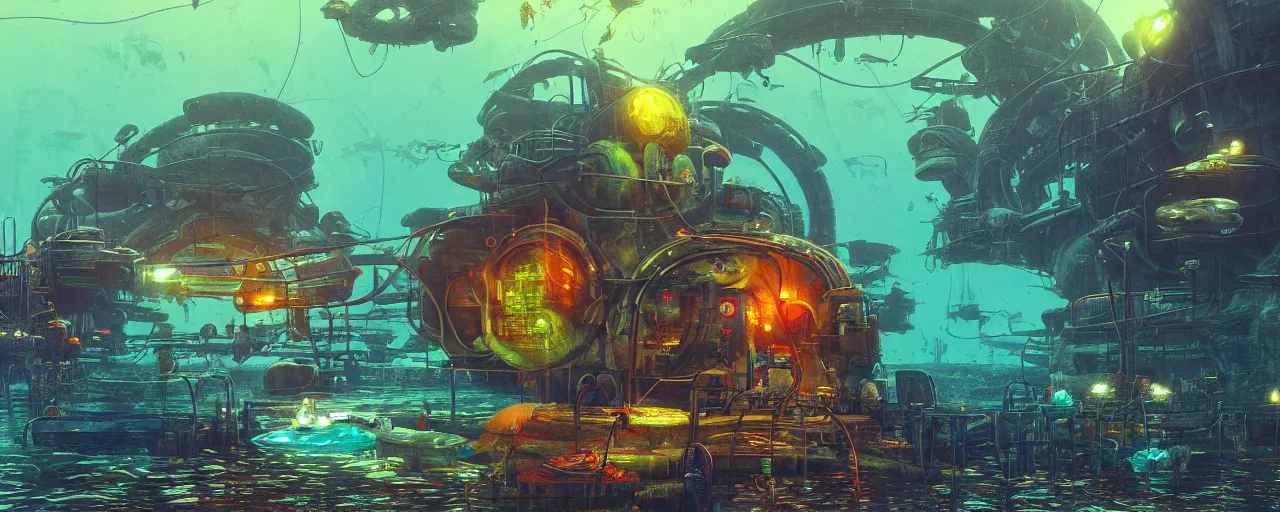 Image similar to ” underwater otherwordly submarina dock, [ pods, terminal, cinematic, detailed, epic, widescreen, opening, establishing, mattepainting, photorealistic, realistic textures, octane render, art by slop and paul lehr ] ”