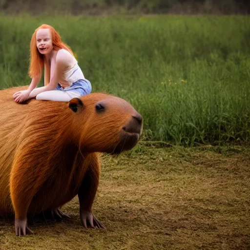 Prompt: cinematic shot of a thin ginger woman riding on top of a giant capybara in a field, 8k, dslr, detailed and realistic face,