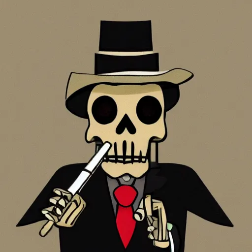 Prompt: a mafia skeleton with a cigar